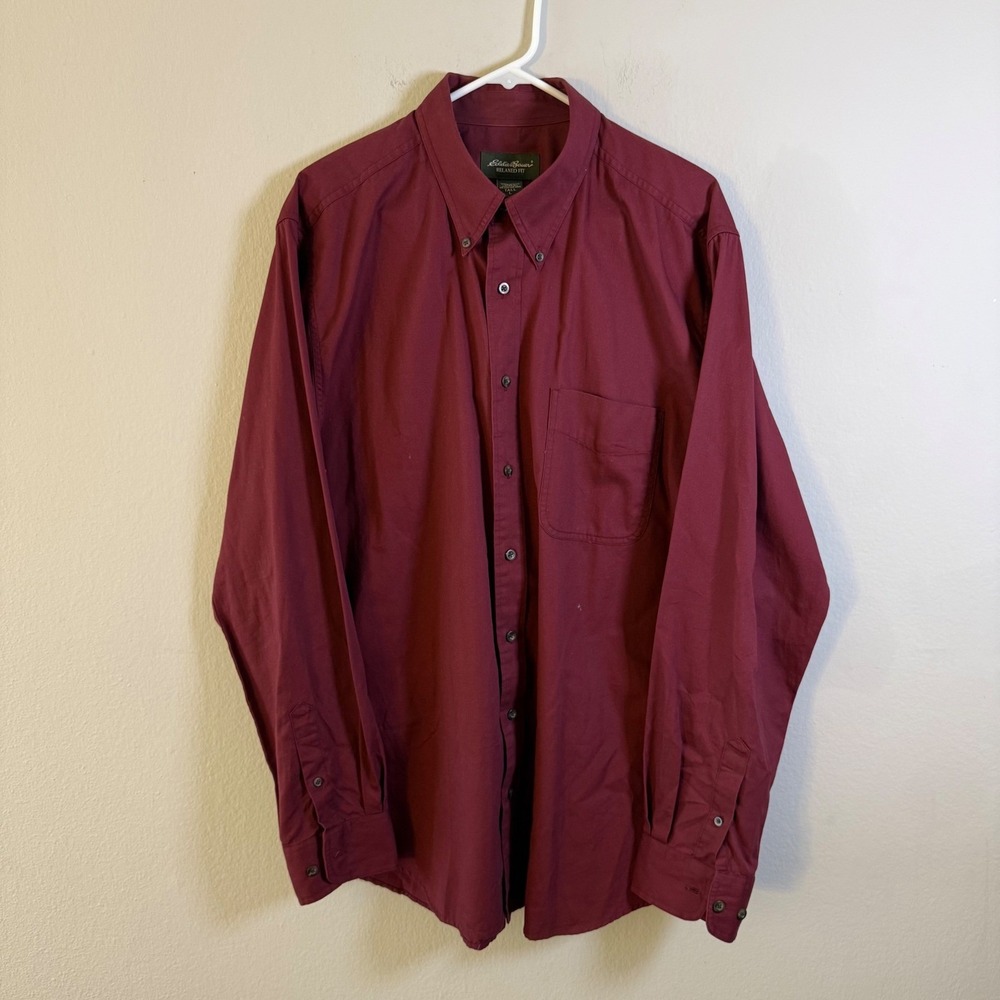 Eddie Bauer Mens Relaxed Fit Tall Burgundy Maroon Cotton Button Down Shirt Large
